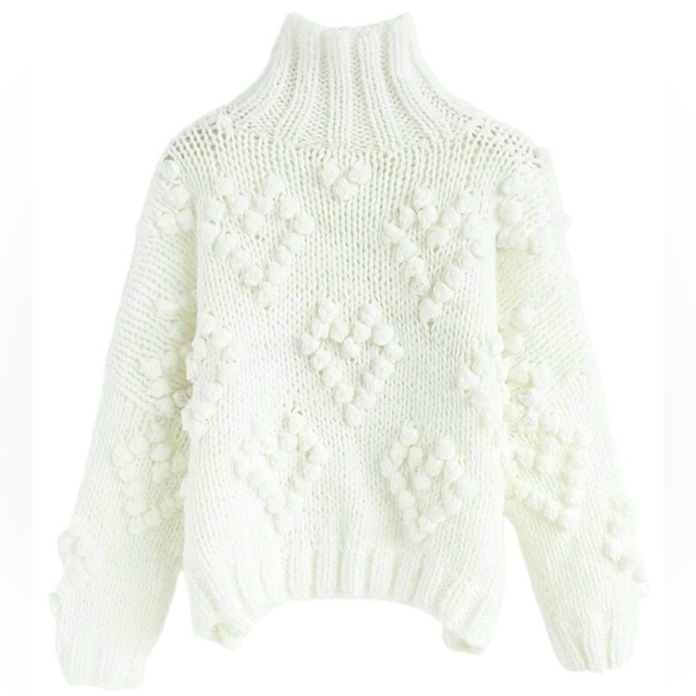 Chicwish White Knit Your Love Popcorn Crochet Turtleneck Sweater Top S/M